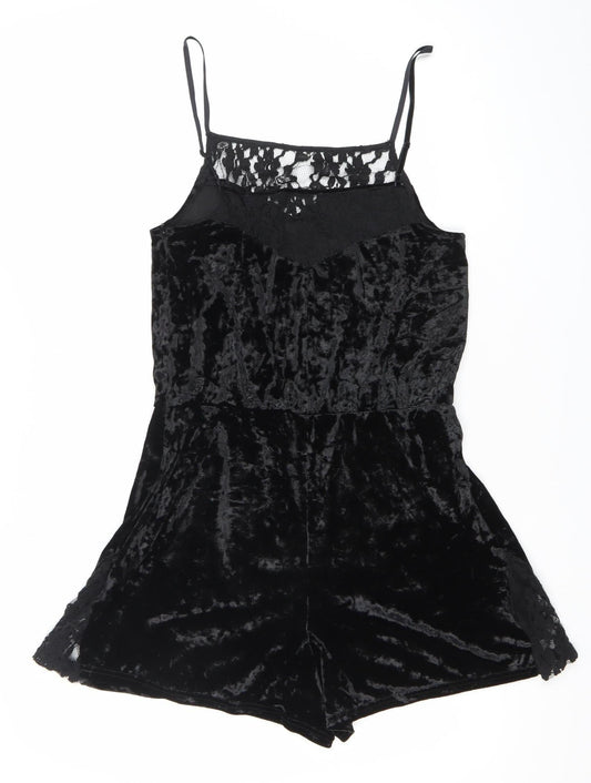 Topshop Womens Black Lace Velvet Playsuit Size 10 V-Neck Strappy