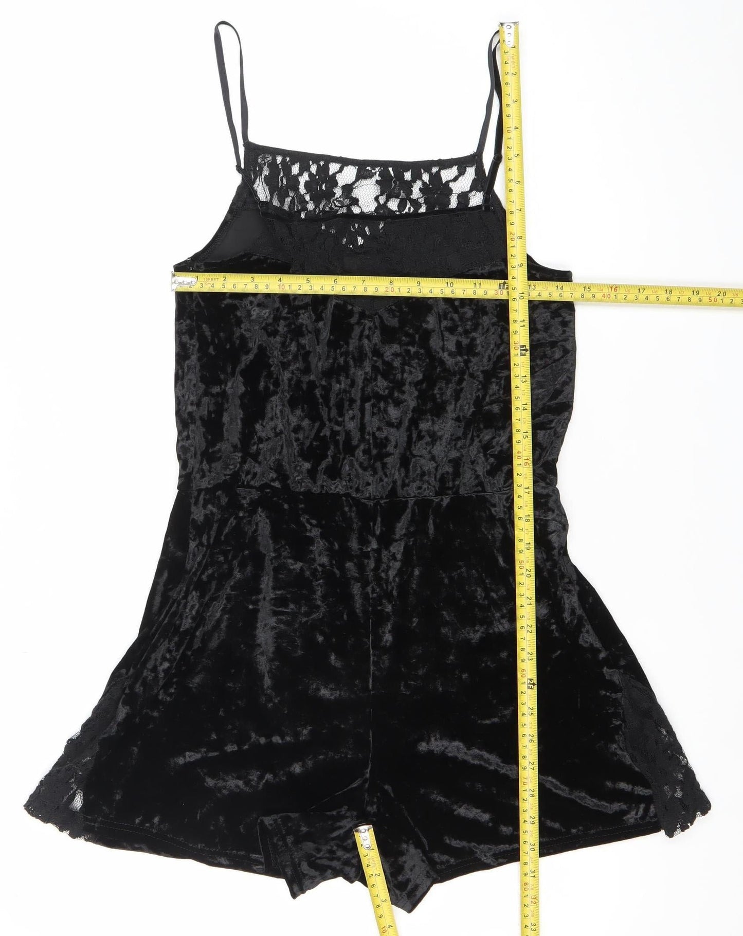 Topshop Womens Black Lace Velvet Playsuit Size 10 V-Neck Strappy