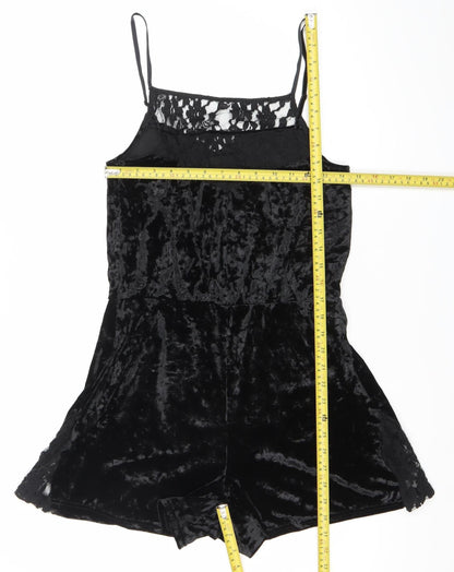 Topshop Womens Black Lace Velvet Playsuit Size 10 V-Neck Strappy