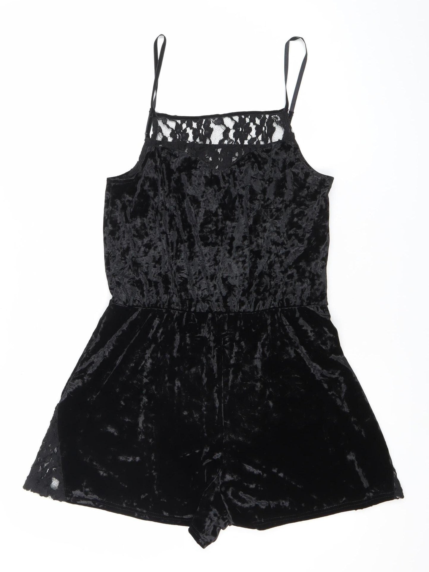 Topshop Womens Black Lace Velvet Playsuit Size 10 V-Neck Strappy