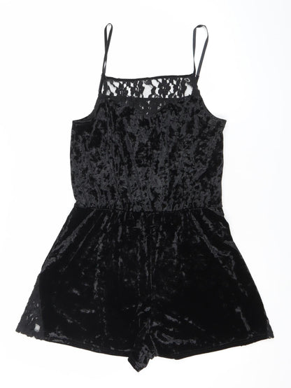 Topshop Womens Black Lace Velvet Playsuit Size 10 V-Neck Strappy