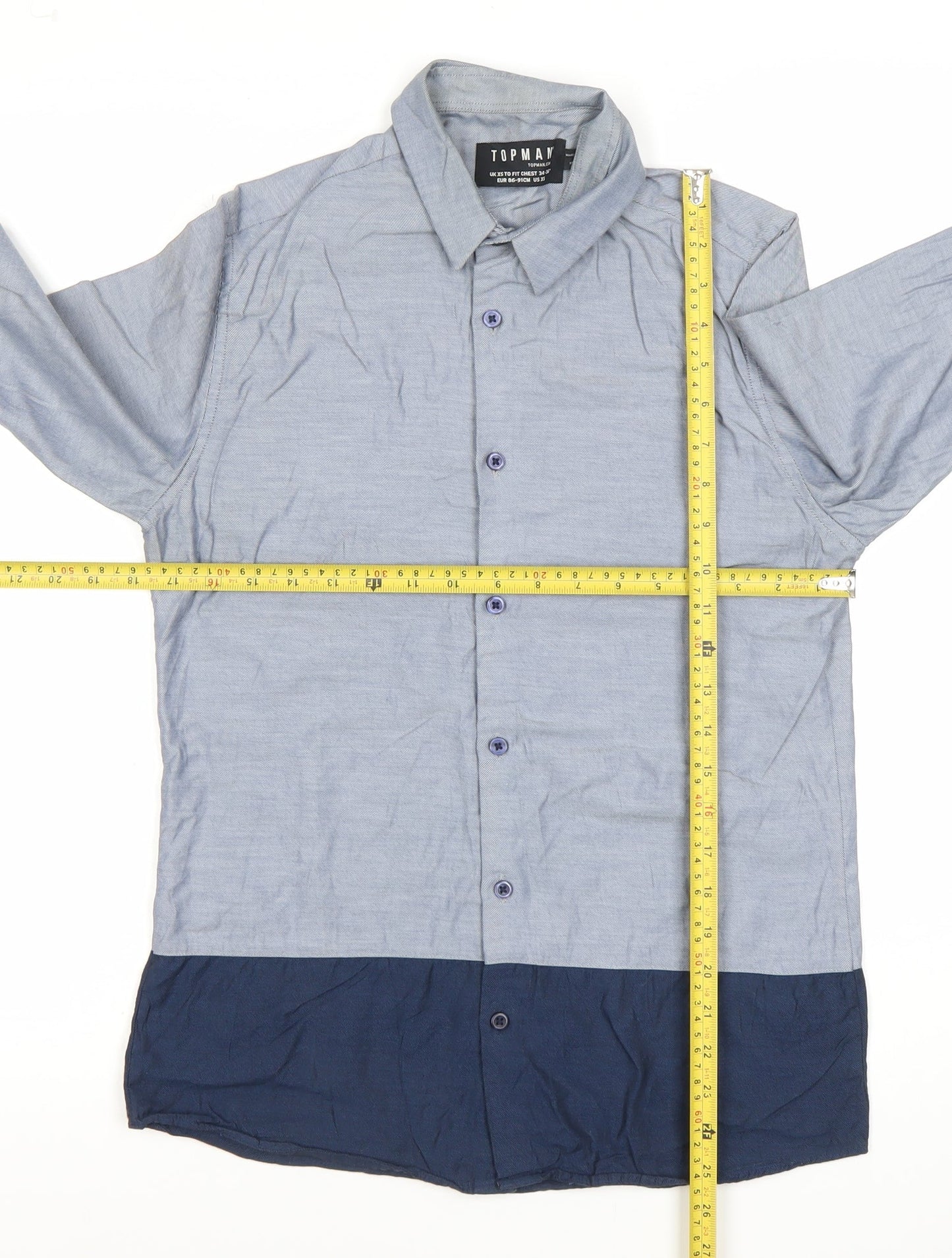 Topman Mens Blue XS Colourblock Cotton Long Sleeve Dress Shirt