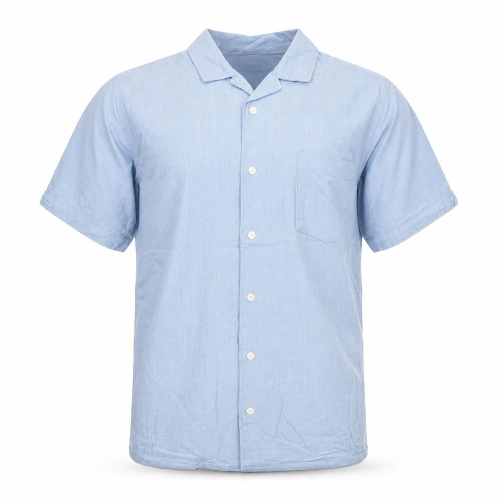Front view of Easy Men’s Blue Linen Blend Short Sleeve Button-Up Shirt S