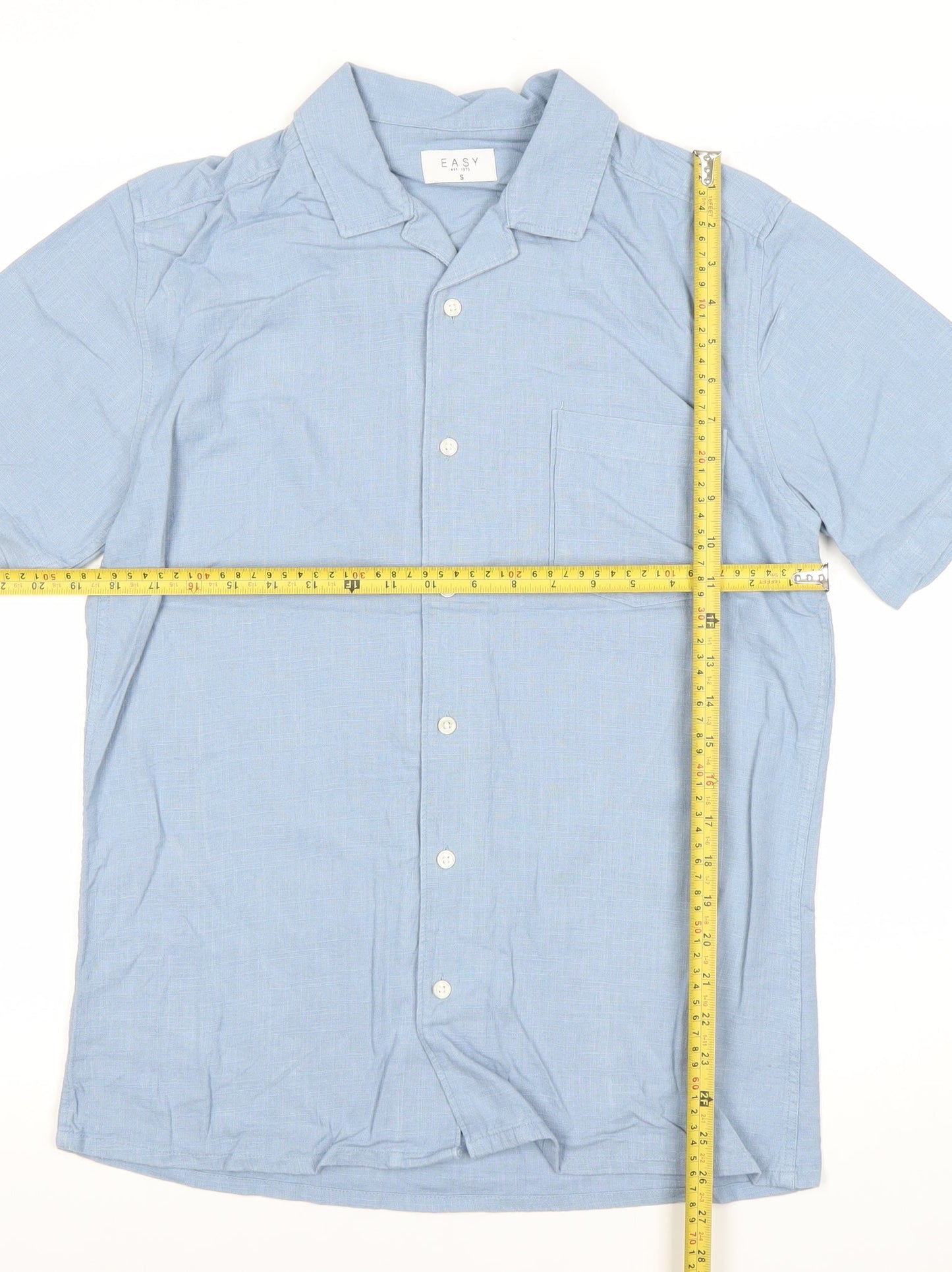 EASY Men’s Blue Linen Blend Short Sleeve Button-Up Shirt S