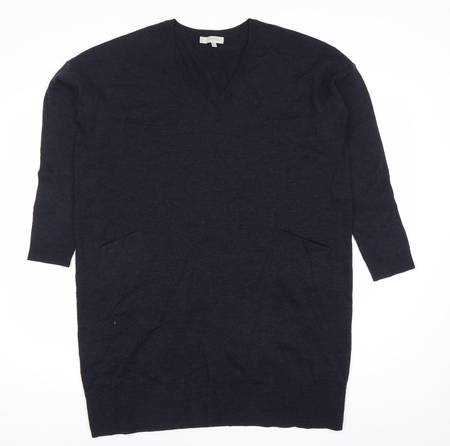 Hobbs Women Black Wool Tunic Jumper Size 12 V-Neck 3/4 Sleeve