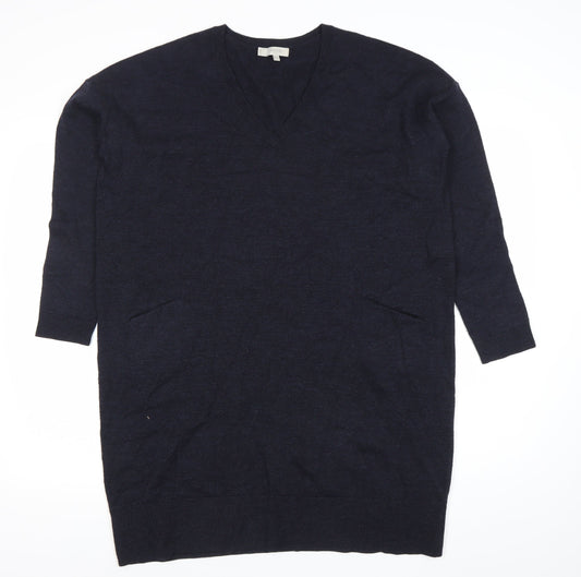 Hobbs Women Black Wool Tunic Jumper Size 12 V-Neck 3/4 Sleeve