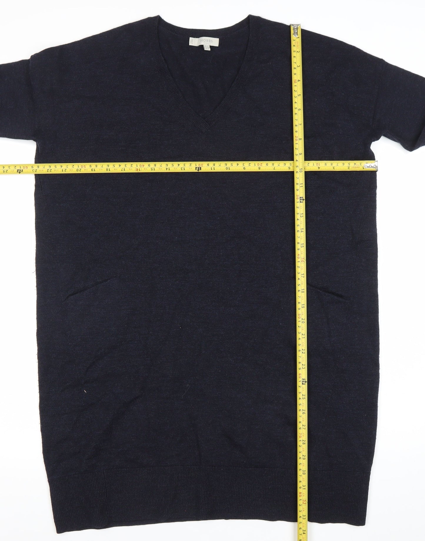 Hobbs Women Black Wool Tunic Jumper Size 12 V-Neck 3/4 Sleeve