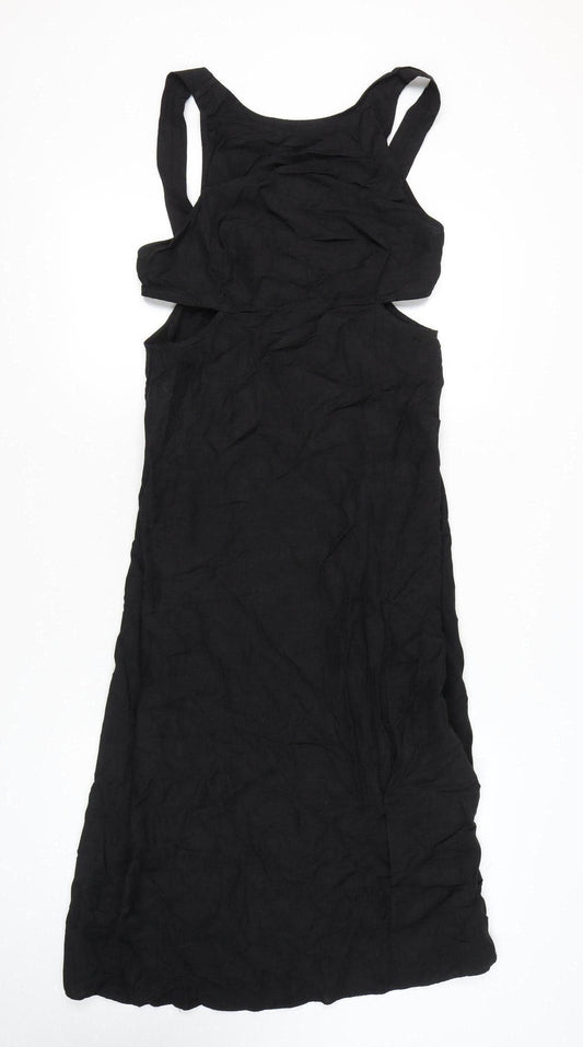 ASOS DESIGN Women’s Black Midi Slip Dress Size 14 Sleeveless Ruched Cut Out