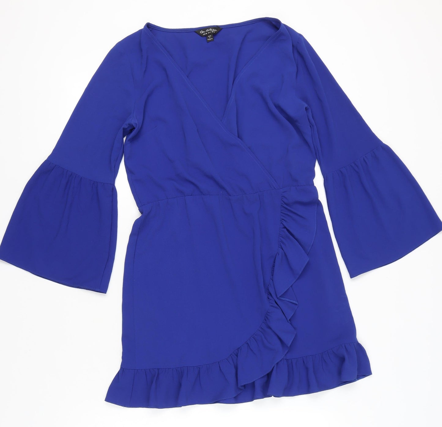 Miss Selfridge Womens Blue Wrap Dress Size 12 Ruffle Bell Sleeve