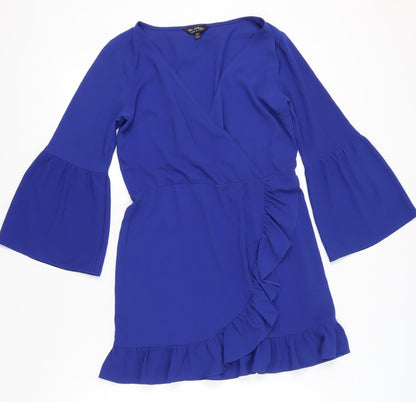Miss Selfridge Womens Blue Wrap Dress Size 12 Ruffle Bell Sleeve