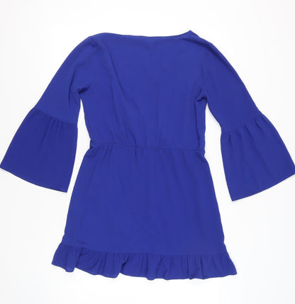 Miss Selfridge Womens Blue Wrap Dress Size 12 Ruffle Bell Sleeve