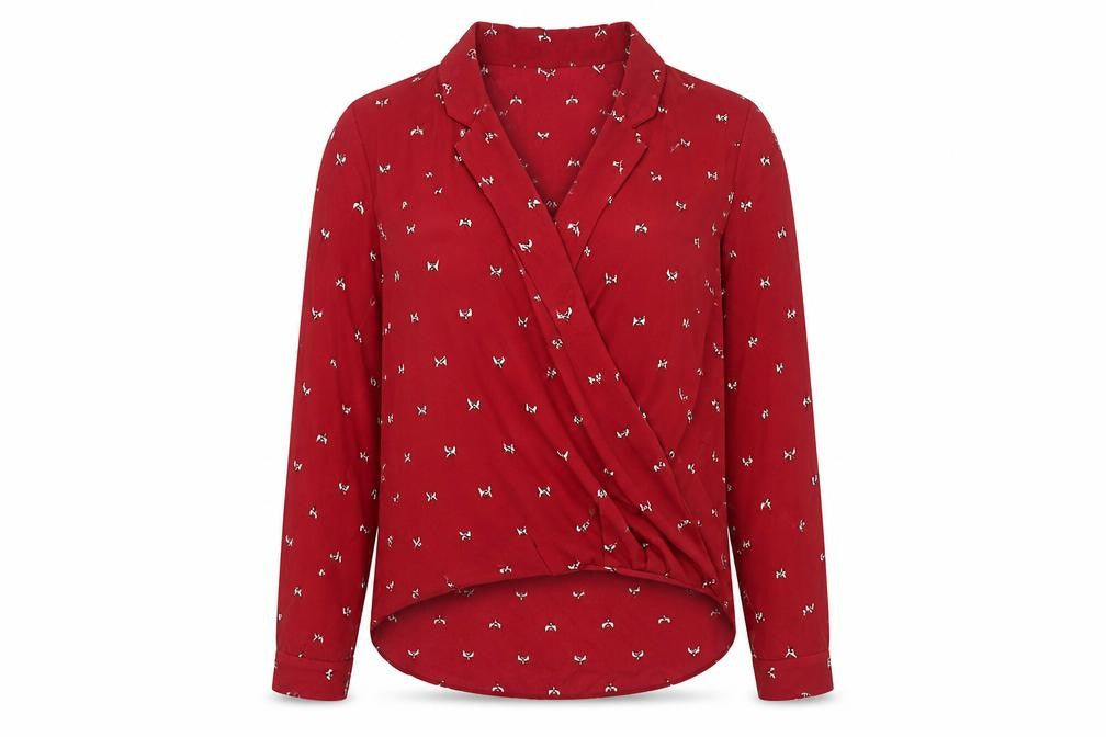Hush Womens Red Bird Print Wrap Blouse Size 10 Long Sleeve