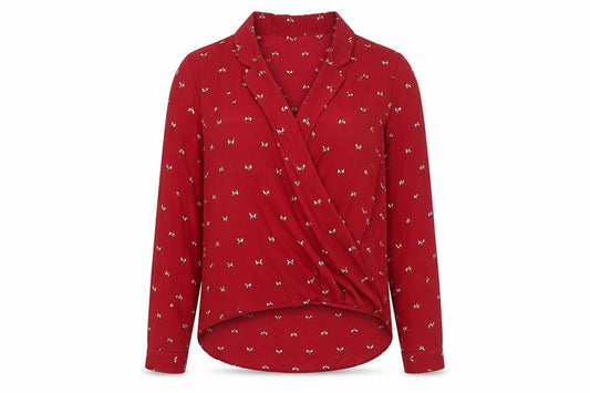 Hush Womens Red Bird Print Wrap Blouse Size 10 Long Sleeve