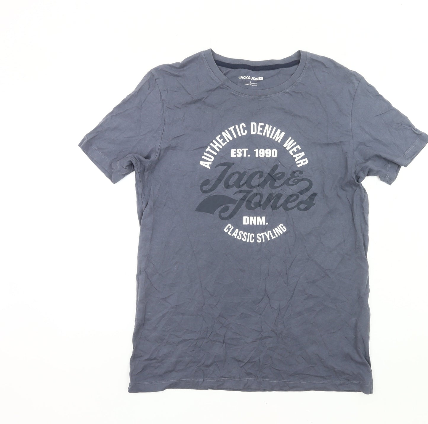 Jack & Jones Men’s Blue Graphic Print Crew Neck Cotton T-Shirt Size L