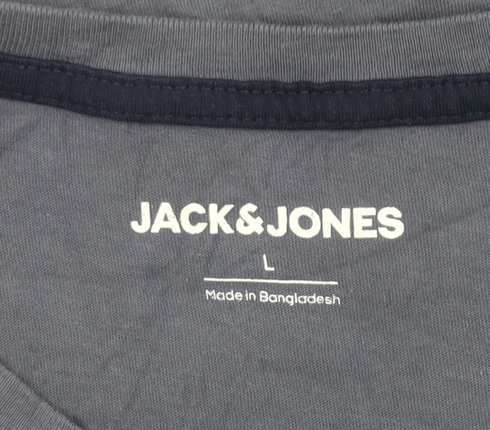 Jack & Jones Men’s Blue Graphic Print Crew Neck Cotton T-Shirt Size L