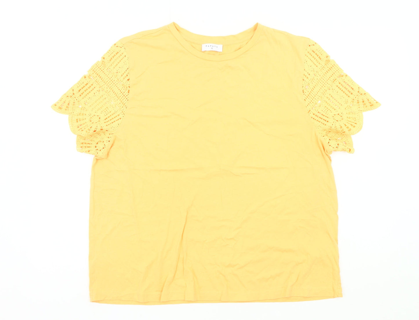 Papaya Women Yellow Size 16 Cotton Crochet Sleeve T-Shirt Top