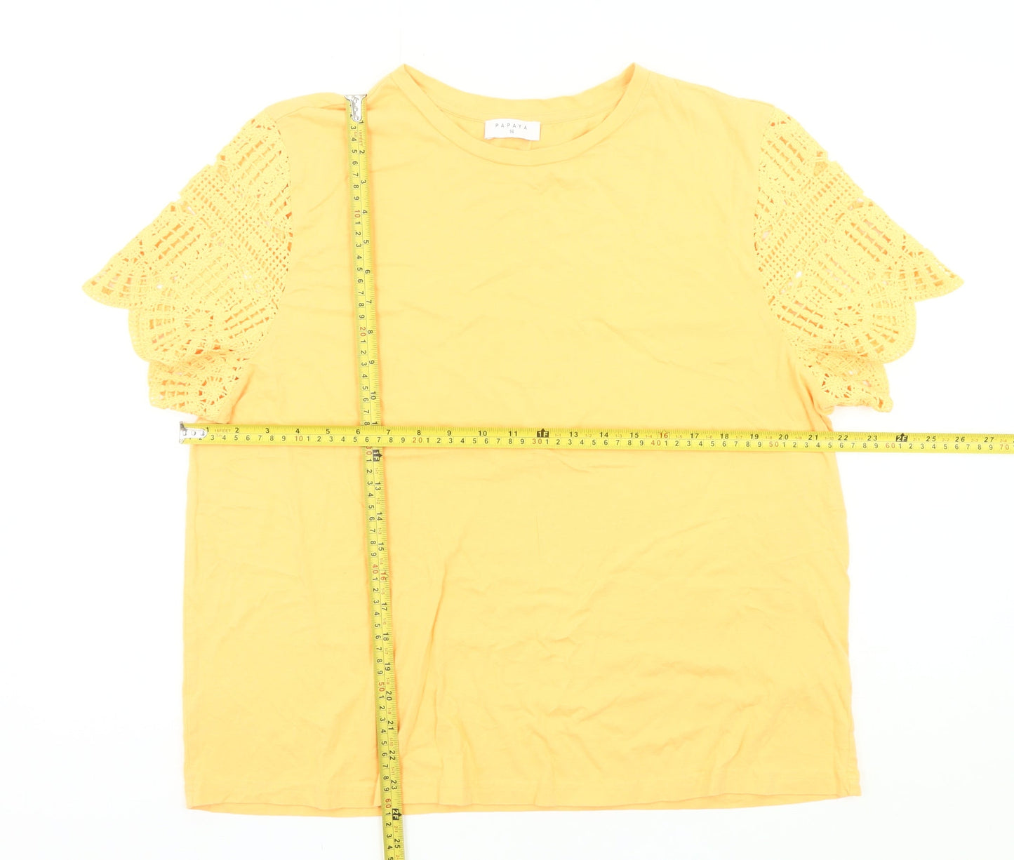 Papaya Women Yellow Size 16 Cotton Crochet Sleeve T-Shirt Top