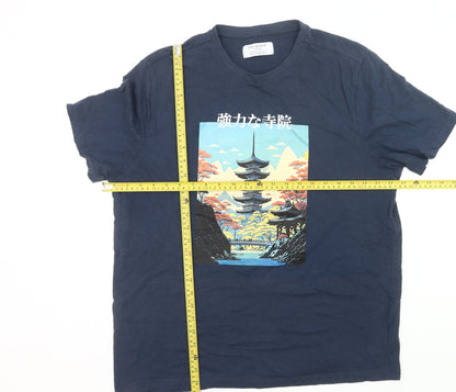 Primark Men’s Blue Large Regular Fit Japanese Graphic T-Shirt