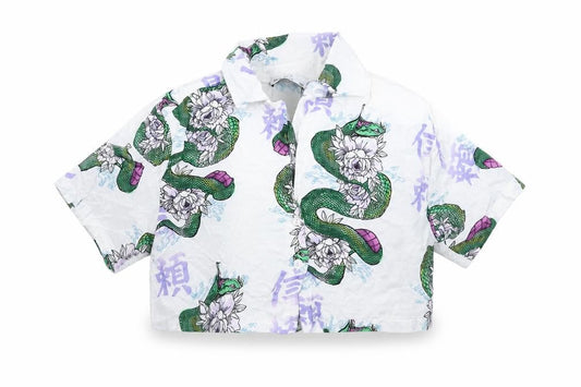 Bershka Womens White Snake Floral Cropped Blouse Size 8