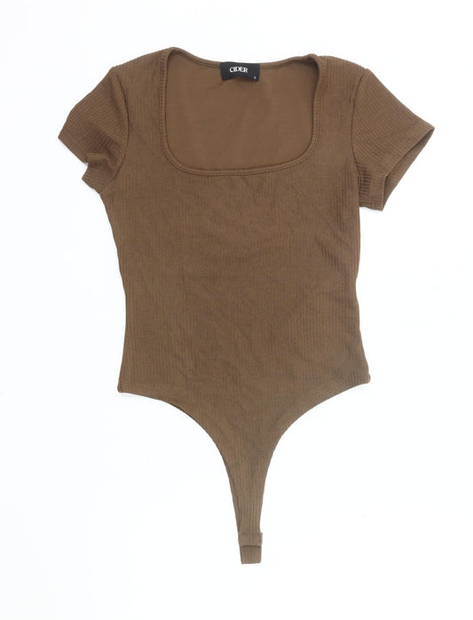 Cider Women Brown Bodysuit L Knit Square Neck Stretch Slim Fit