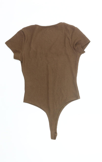 Cider Women Brown Bodysuit L Knit Square Neck Stretch Slim Fit
