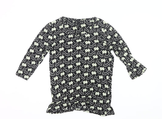 Next Womens Black Floral Tunic Blouse Size 10 3/4 Sleeve Viscose
