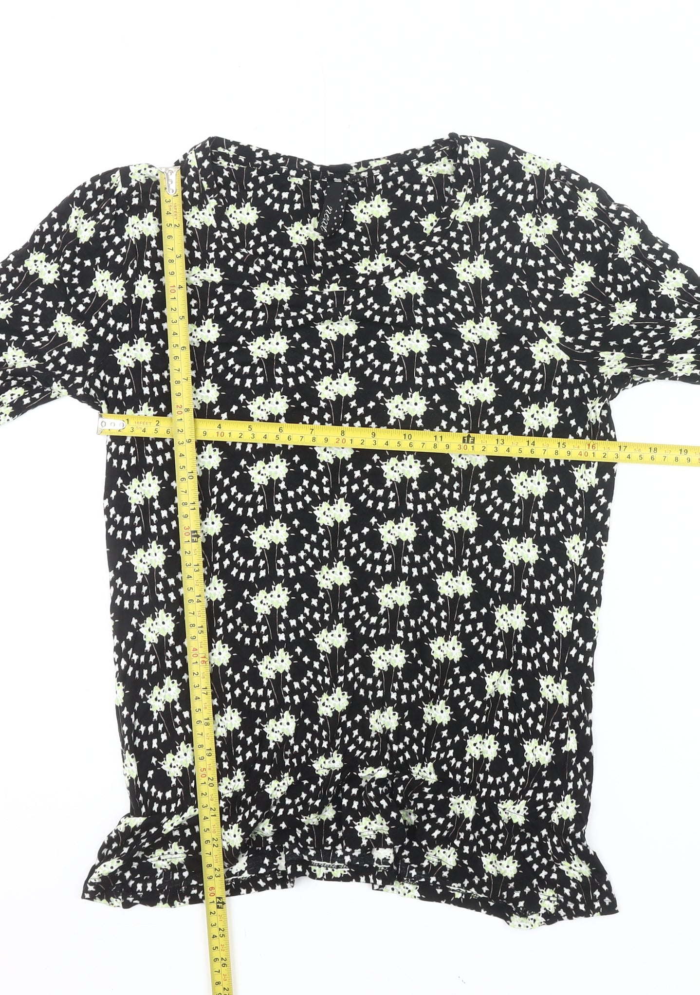 Next Womens Black Floral Tunic Blouse Size 10 3/4 Sleeve Viscose
