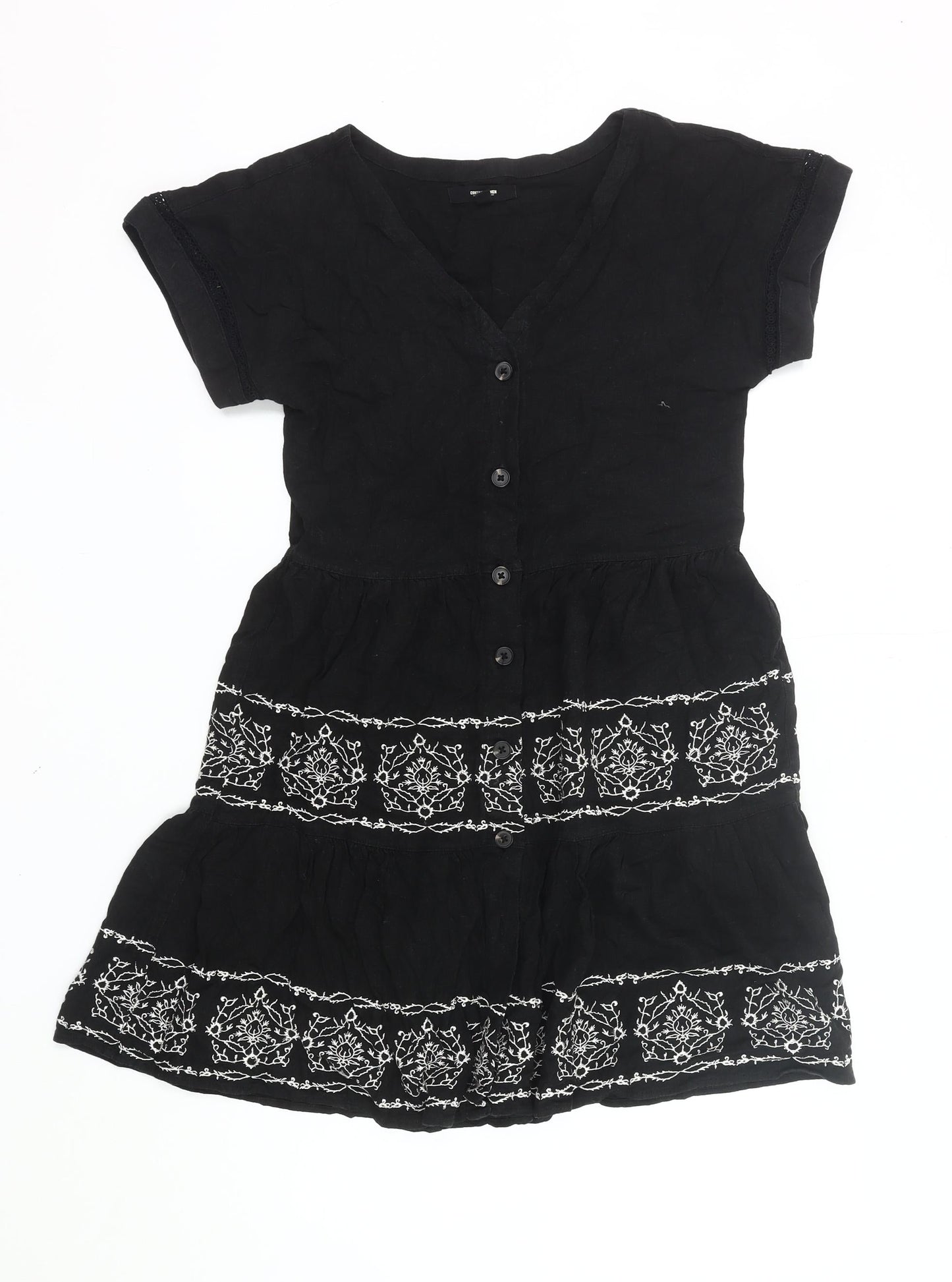 Next Womens Black Embroidered Linen Blend Shirt Dress Size 10
