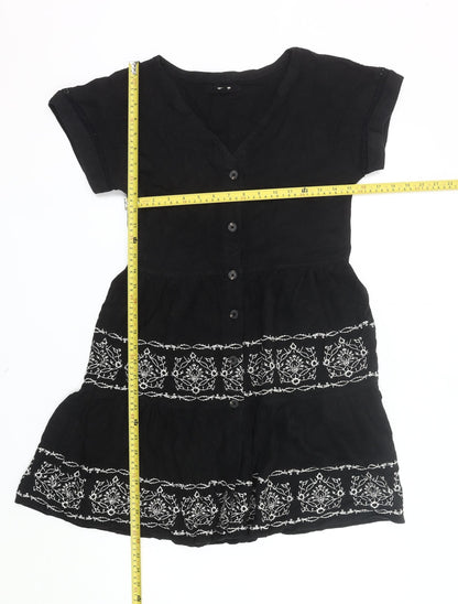 Next Womens Black Embroidered Linen Blend Shirt Dress Size 10