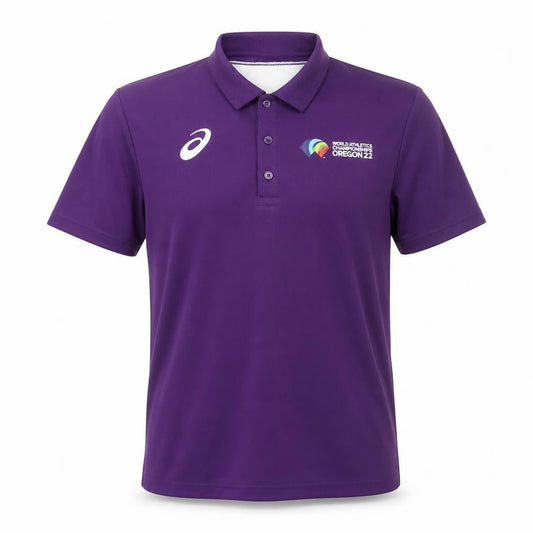 Front view of Asics Men’s Purple Polo Shirt Medium Sports Logo Oregon 22