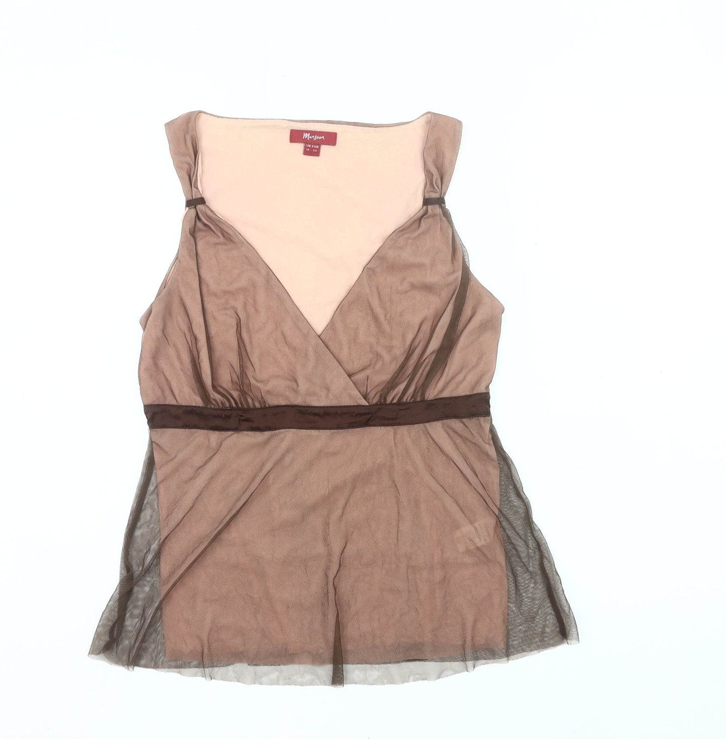Monsoon Women’s Brown Sheer Wrap Blouse UK 14 V-Neck Sleeveless