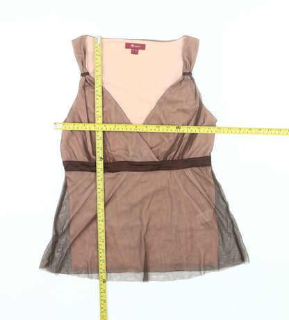 Monsoon Women’s Brown Sheer Wrap Blouse UK 14 V-Neck Sleeveless