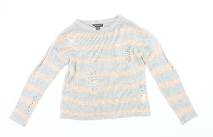 Primark Womens Grey Pink Striped Distressed Knit Jumper Size 8