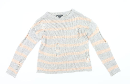 Primark Womens Grey Pink Striped Distressed Knit Jumper Size 8