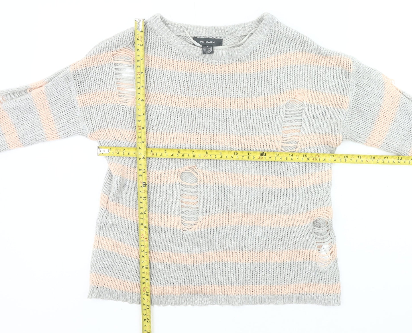 Primark Womens Grey Pink Striped Distressed Knit Jumper Size 8