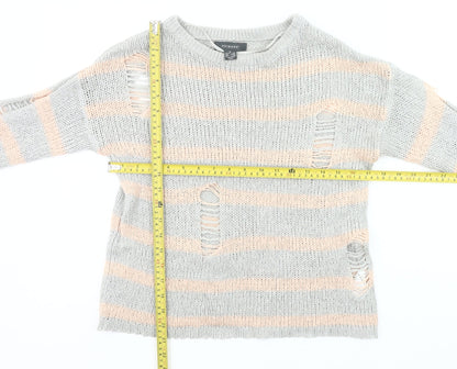 Primark Womens Grey Pink Striped Distressed Knit Jumper Size 8