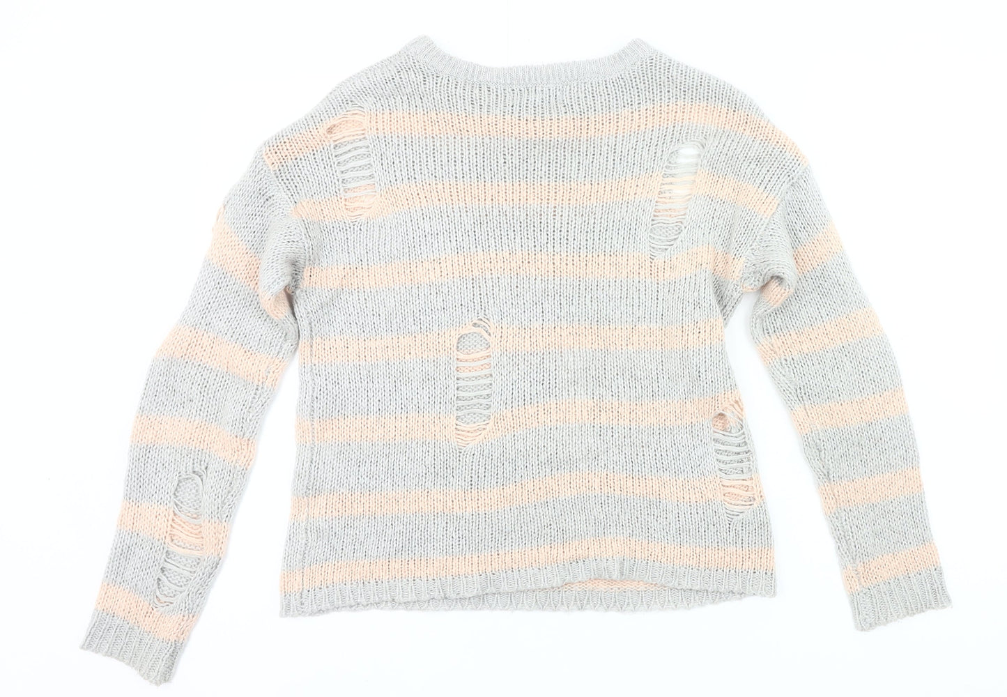 Primark Womens Grey Pink Striped Distressed Knit Jumper Size 8