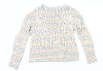 Primark Womens Grey Pink Striped Distressed Knit Jumper Size 8