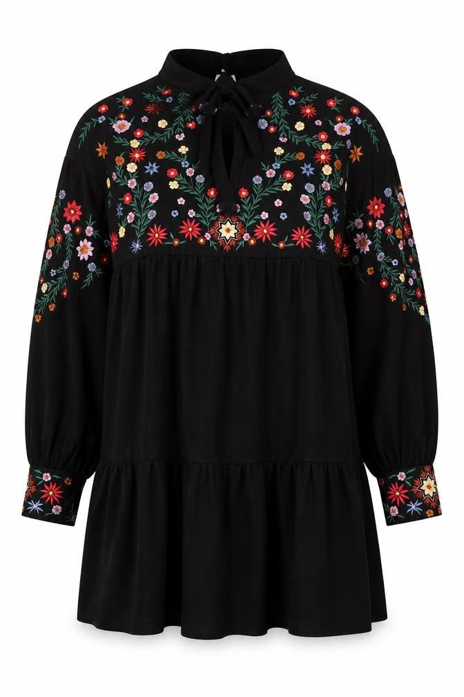 Front view of ASOS Women Black Floral Embroidered Shift Dress, size 10, Halter Neck