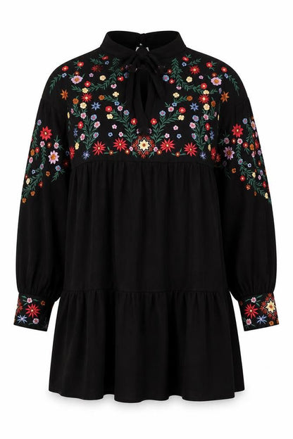 Front view of ASOS Women Black Floral Embroidered Shift Dress, size 10, Halter Neck