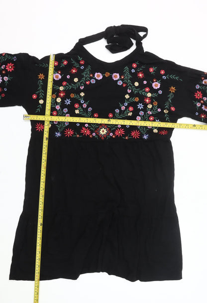 ASOS Women Black Floral Embroidered Shift Dress Size 10 Halter Neck
