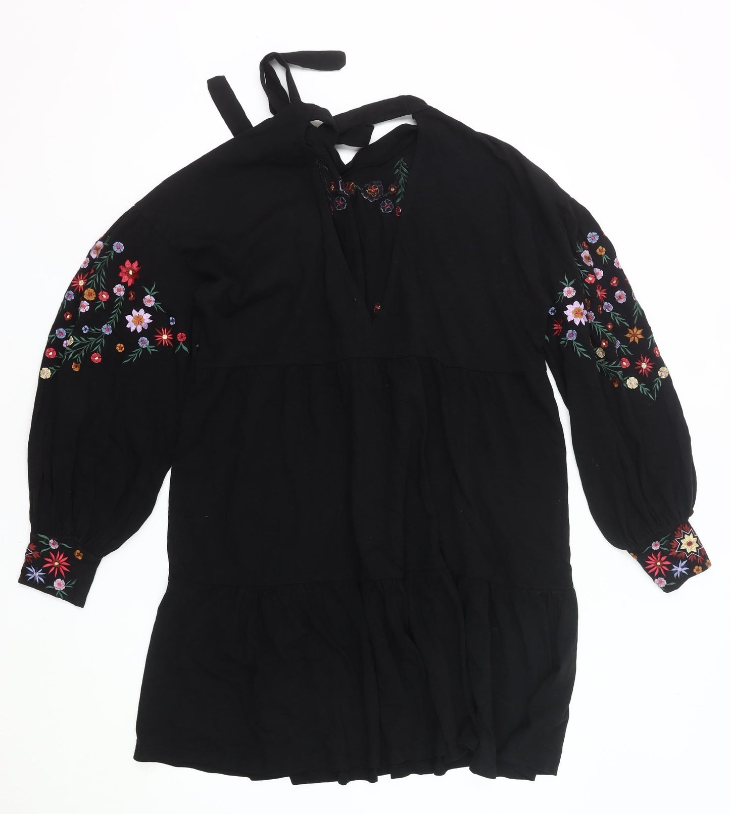 ASOS Women Black Floral Embroidered Shift Dress Size 10 Halter Neck
