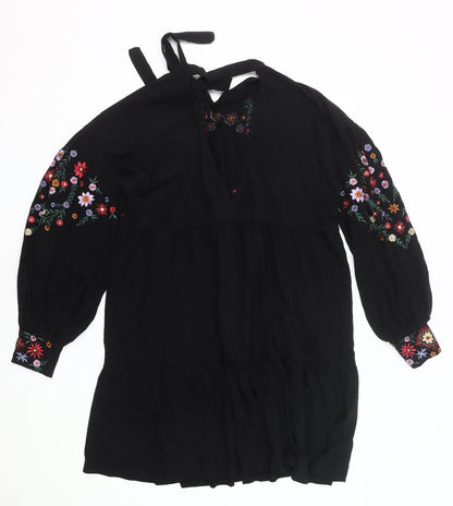 ASOS Women Black Floral Embroidered Shift Dress Size 10 Halter Neck