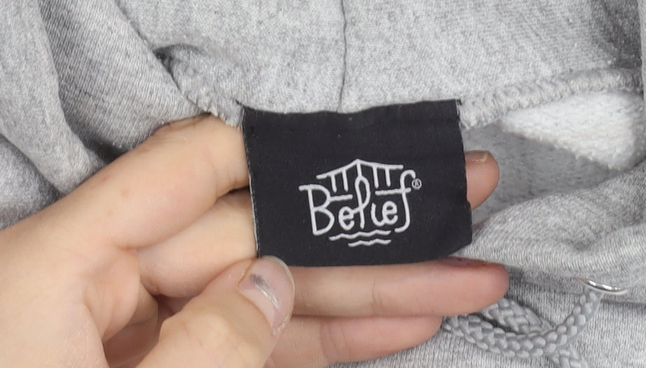 Belief Mens Grey Pullover Hoodie Medium Graphic Print USA Logo