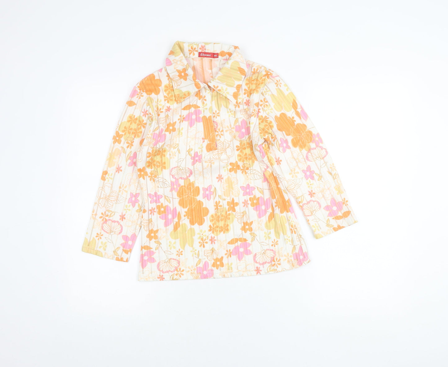 Shouwei Womens Multicoloured Floral Collared Blouse M Long Sleeve Cotton Blend