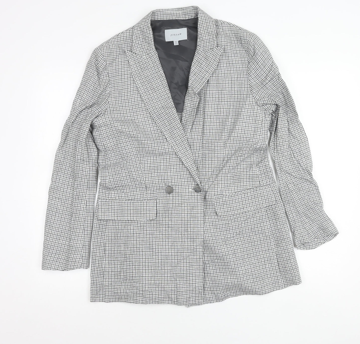 Jigsaw Women’s Grey Check Linen Blend Double-Breasted Blazer UK 12