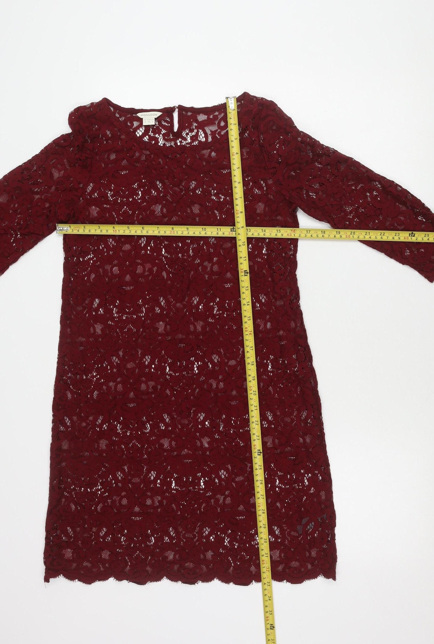 Monsoon Women’s Red Lace Shift Dress UK 8 Knee Length 3/4 Sleeve
