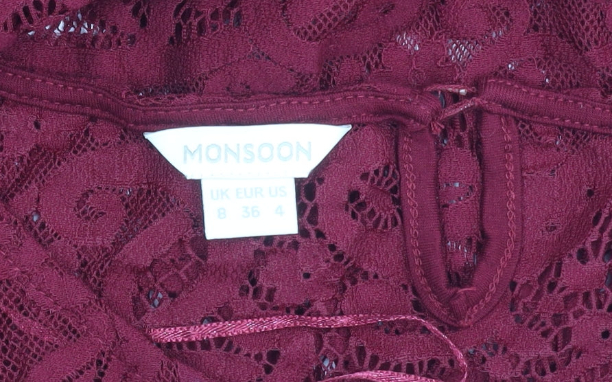 Monsoon Women’s Red Lace Shift Dress UK 8 Knee Length 3/4 Sleeve