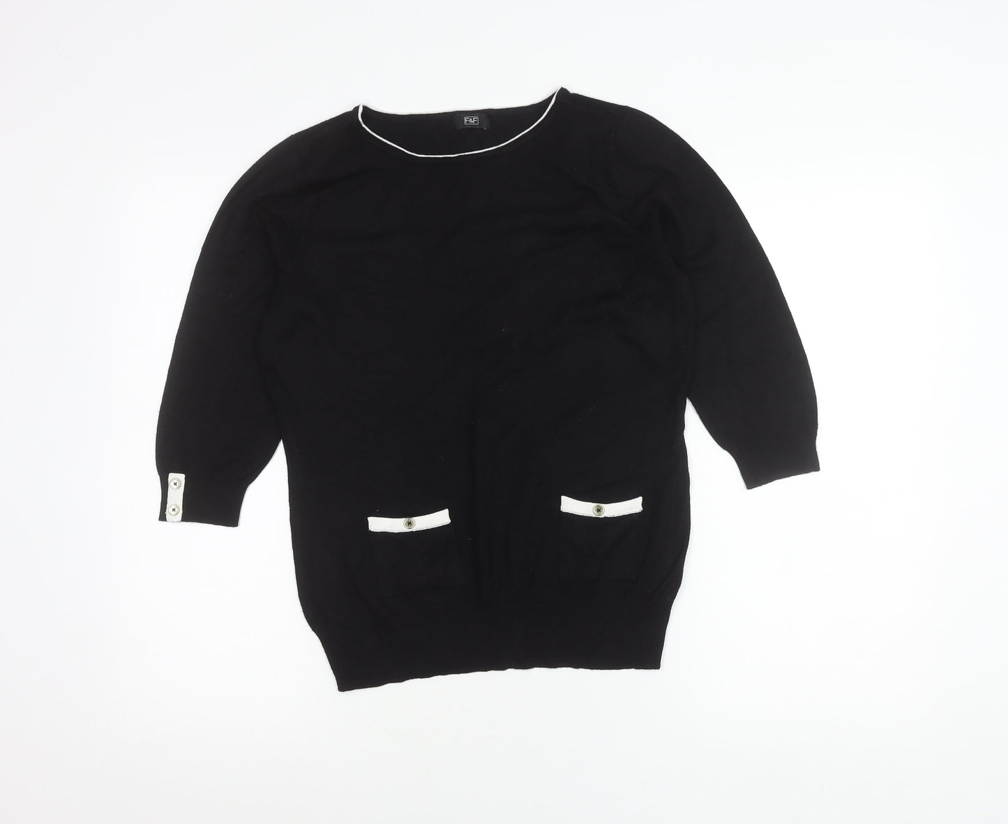 F&F Women’s Black Knit Blouse Size 14 Classic 3/4 Sleeve Boat Neck