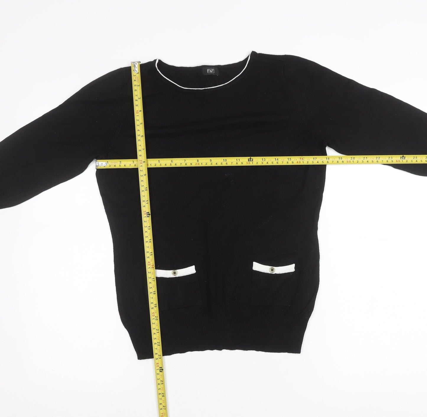 F&F Women’s Black Knit Blouse Size 14 Classic 3/4 Sleeve Boat Neck